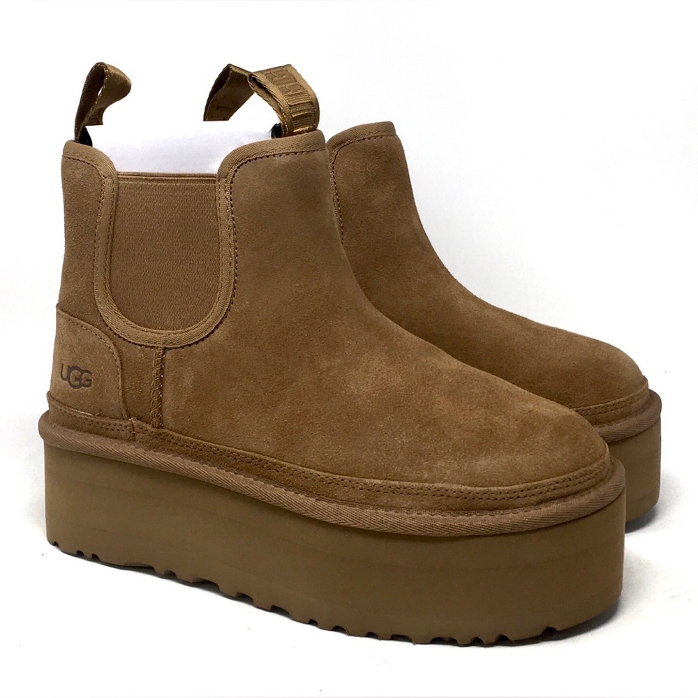 🔴SOLD Ugg Neumel Platform Chelsea Boots Chestnut Suede Shearling Sheepskin - Picture 5 of 15